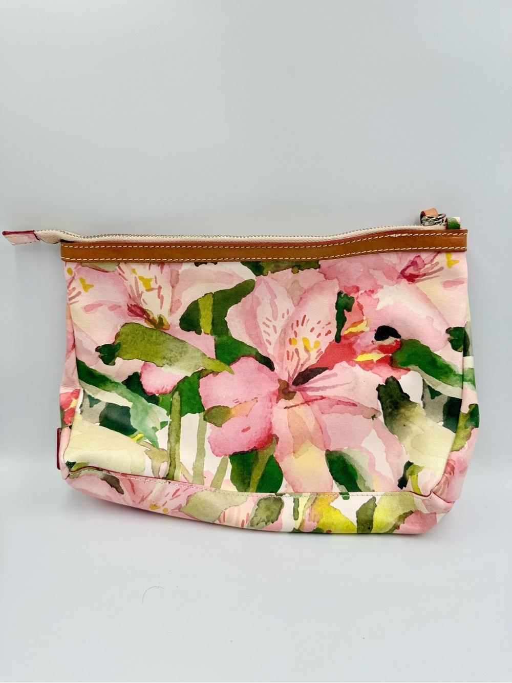 Floral Canvas Zip Pouch - Pink Watercolor Bloom leather